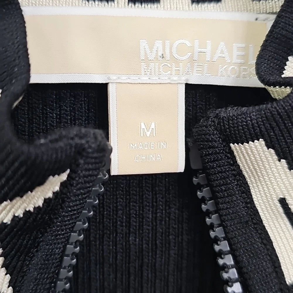 Nwot Michael Kors Black Ribbed Knit MK Logo Neckline Shortsleeve Zipfront Dress - Picture 4 of 17